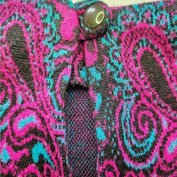 Vintage '70s Long Sleeve Purple Paisley Crew Neck Drop Waist Knit Midi Dress 4 - Picture 7 of 9